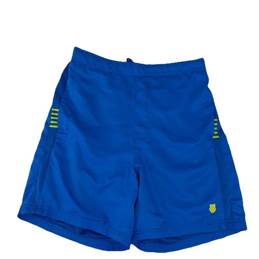 K-Swiss Mens XL Blue Yellow Tennis Athletic Shorts Mesh Line 5 Stripe Pickleball